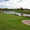 A view of the 17th green with water coming into play from right at Lakeridge Links Golf Course