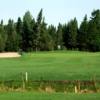 A view of a green flanked by bunkers at Spruce Needles Golf Club